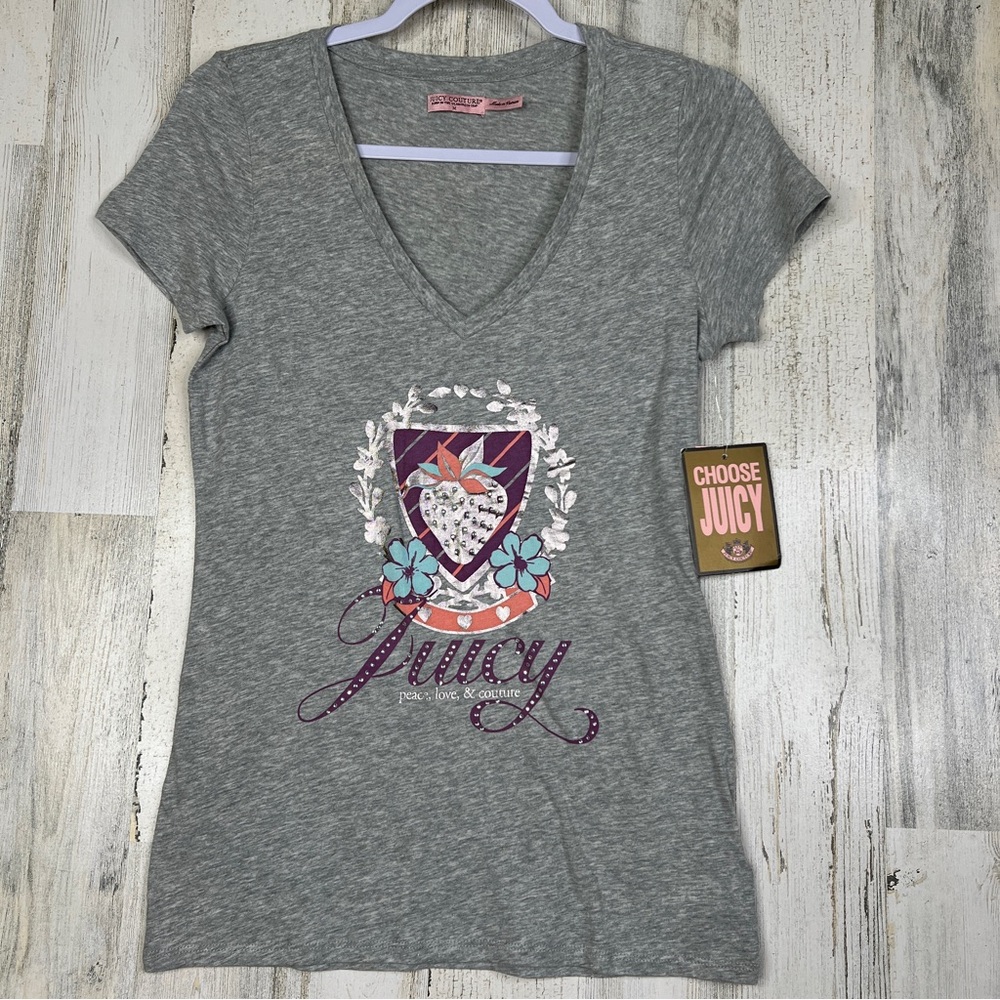 NEW! Juicy Couture Womens Shirt Medium Grey Short Sleeve Big Logo Graphic‎ Tee